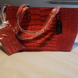 Red Crocodile Embossed Tote Bag